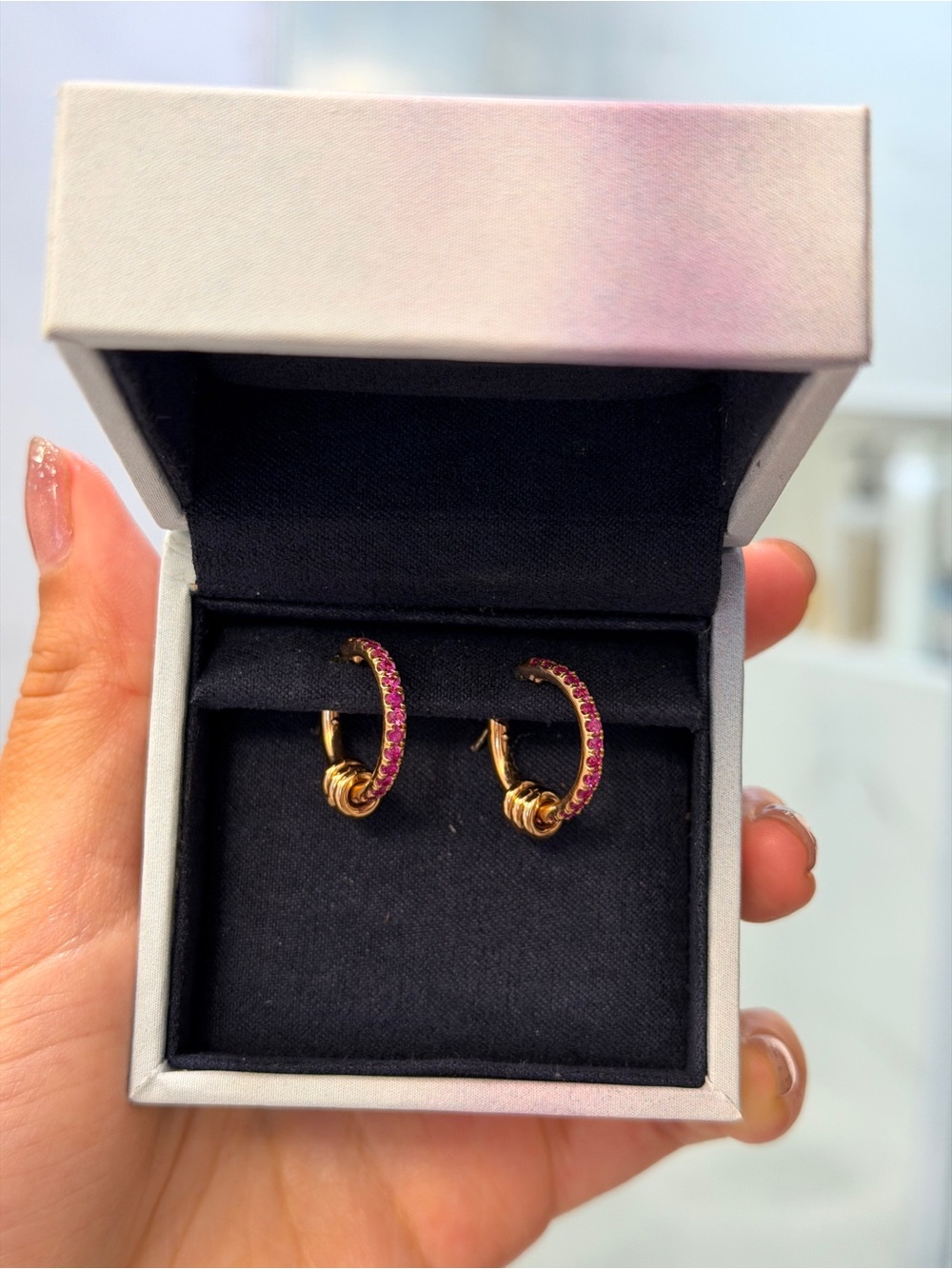 NWOT SPINELLI KILCOLLIN RARE Pink Sapphire 18k Rose Gold Pave Ara Hoop Earrings
